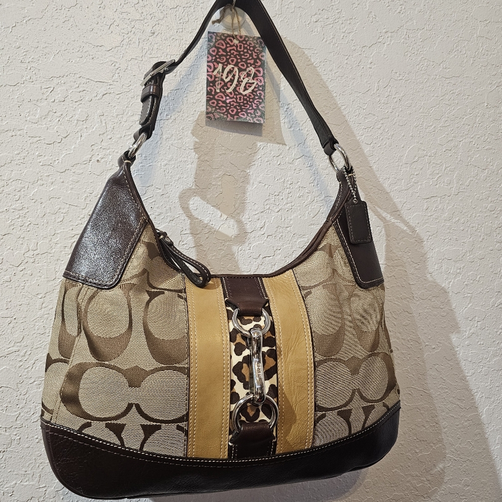 WOMEN'S G.U. COACH HAMTON CHEETAH SHOULDER HOBO CANVAS BAG